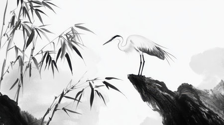 A graceful white crane stands on a rocky outcrop amidst bamboo, portrayed in a serene black and white style, reflecting nature's elegance and tranquility.の素材
