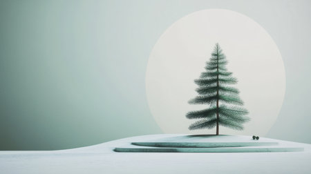A tranquil landscape features a minimalist tree silhouette with a large moon backdrop against a snowy ground, creating a serene and calming atmosphere in nature.の素材
