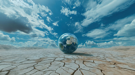 This stunning image showcases a cracked dry landscape with a glowing globe situated above, symbolizing environmental issues and climate change concerns against a vibrant sky.の素材