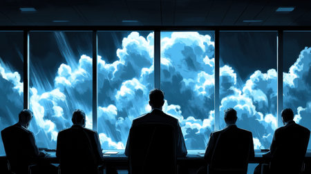 A group of business professionals sit in silhouette during a strategic meeting, overlooking dramatic cloud formations, symbolizing innovation and teamwork in a corporate environment.の素材