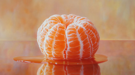 A beautifully presented mandarin fruit, showcasing its vibrant orange peel and dripping juice on a glossy surface, perfect for food-related themes and health.の素材