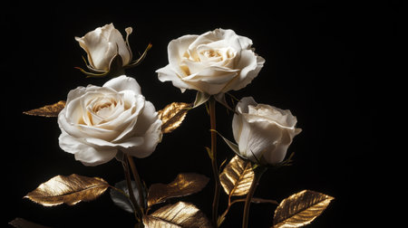 A stunning display of white roses adorned with shimmering golden leaves, captured against a deep black background, ideal for adding elegance and charm to any space or project.の素材