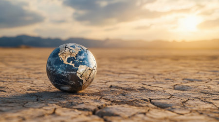 A striking image of a globe on cracked earth, symbolizing climate change challenges. The dramatic sunset highlights the urgent need for environmental awareness and action.の素材