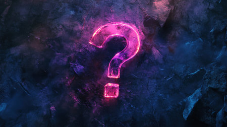 A glowing neon question mark shines brightly against a textured dark backdrop, evoking a sense of mystery and inviting curiosity in a modern digital art style.の素材