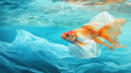 This striking image depicts a goldfish gracefully swimming through a vibrant blue underwater environment, with colorful plastic waste symbolizing the urgent issue of pollution in our oceans.の素材