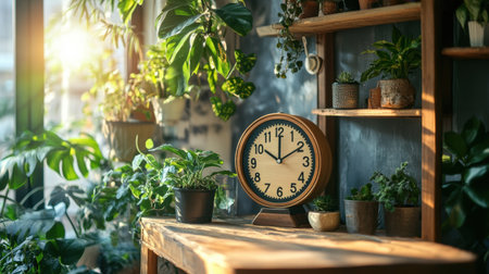 A charming setup featuring a vintage clock among lush green plants in a sunlit corner, perfect for creating a calming indoor atmosphere and appealing to plant lovers.の素材