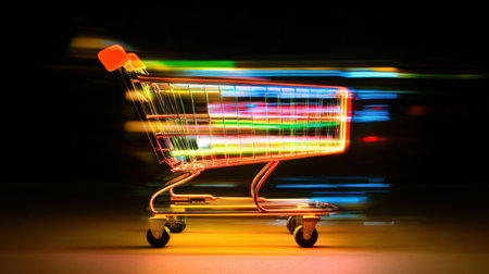 A vividly illuminated shopping cart moves swiftly, surrounded by colorful light trails against a dark background, creating a dynamic and energetic retail scene.の素材