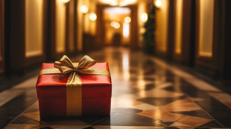 A beautifully wrapped red gift box with a golden ribbon sits elegantly on the polished floor of a luxurious hallway, evoking feelings of anticipation and celebration.の素材
