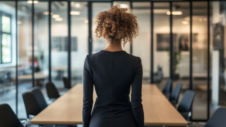A stylish woman in a black dress stands in a modern conference room, facing large windows that highlight a sophisticated office space and minimal decor.の素材