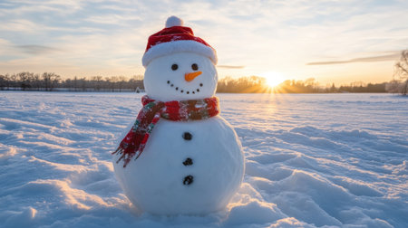 A delightful snowman adorned with a red hat and scarf stands proudly in the snow as the sun sets, creating a picturesque winter scene filled with joy and serene beauty.の素材