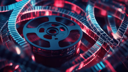 A striking close-up of a vintage film reel amidst illuminated film strips in vibrant red and blue colors, showcasing the essence of cinema and storytelling in a captivating manner.の素材