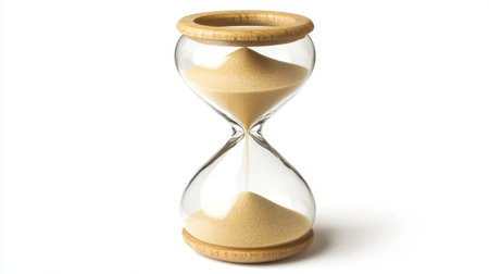 A beautiful hourglass featuring golden sand that gracefully flows between glass chambers, perfect for representing time, patience, or decor. Ideal for various themes and concepts.の素材