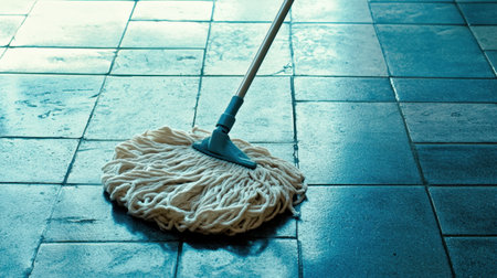 A close-up view of a cotton mop cleaning a blue tiled floor, illustrating the importance of effective cleaning tools and daily house maintenance routines in achieving a spotless home.の素材