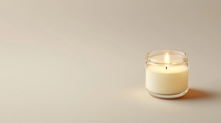 A serene white candle flickers gently in a clear glass jar, set against a minimalist background, evoking feelings of peace, relaxation, and tranquility ideal for any calming space.の素材