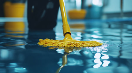 A bright yellow mop glides across a calm blue water surface in an indoor pool area, creating serene reflections that highlight cleanliness and maintenance in an aquatic environment.の素材