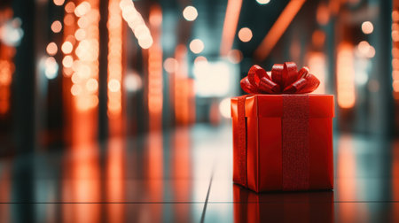 A vibrant red gift box adorned with a beautiful ribbon, set against a softly blurred background filled with glowing festive lights, evoking warmth and joy during celebrations.の素材
