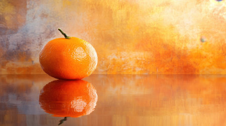 A striking orange fruit resting on a polished surface creates an eye-catching reflection, set against a warm abstract backdrop that enhances the visual appeal and freshness.の素材