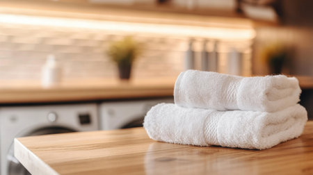 A serene view of two soft white towels delicately stacked on a smooth wooden surface, enhancing the clean and modern ambiance of a stylish laundry room.の素材