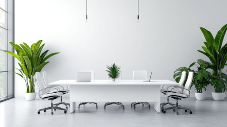 A serene and stylish office space designed with modern furniture and greenery, creating an inspiring environment ideal for productivity and collaboration.の素材