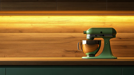 A stylish green stand mixer sits on a wooden countertop, illuminated by warm lighting, creating an inviting atmosphere perfect for home cooking and baking activities.の素材