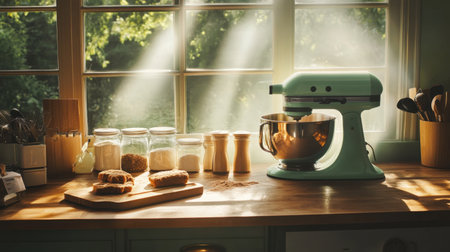A serene kitchen setting featuring a stand mixer and assorted baking ingredients illuminated by soft sunlight. Perfect for showcasing a home cooking atmosphere.の素材