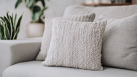 A cozy living room setting featuring stylish throw pillows on a comfortable sofa, complemented by lush indoor plants for a fresh and inviting atmosphere.の素材