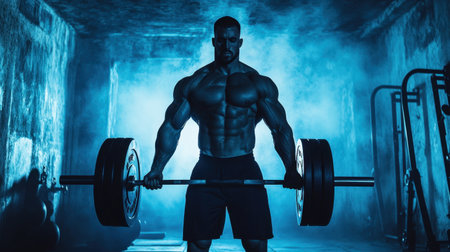 A muscular male athlete performs a deadlift in a dimly lit gym, showcasing strength and determination amidst a dramatic backdrop of smoke and lighting.の素材