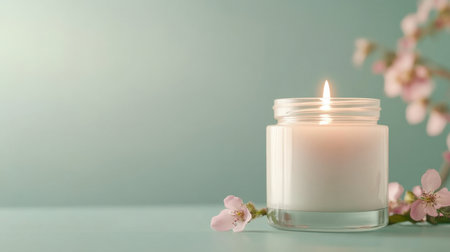 A serene candle in a glass jar illuminates a calming space, complemented by soft pink cherry blossoms. Perfect for creating a tranquil and inviting atmosphere.の素材