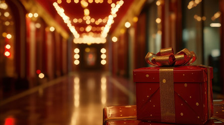 A beautifully wrapped red gift box adorned with a golden ribbon, set against a softly lit hallway filled with festive decorations, perfect for capturing holiday spirit and joy.の素材