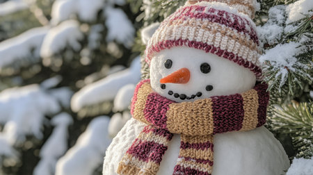 Delight in the playful charm of a snowman adorned with a colorful hat and scarf, nestled among snowy trees, evoking the magic of a serene winter landscape.の素材