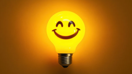 This image features a cheerful yellow light bulb with a smiley face against a vivid yellow background, symbolizing positivity and creativity. Perfect for various projects.の素材