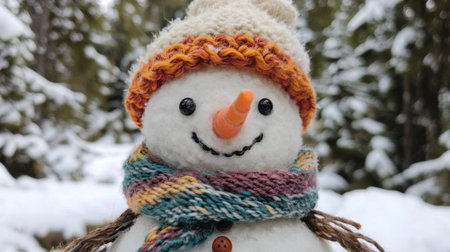 A delightful snowman with a cozy scarf and hat stands in a winter wonderland, showcasing the charm of the season in a peaceful forest setting.の素材