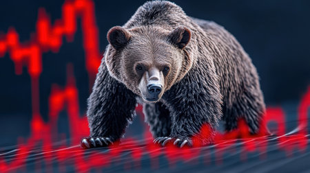 A realistic bear stands prominently against a backdrop of a declining graph, representing market downturns and economic fear, perfect for financial themes.の素材