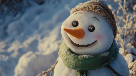 Delight in the whimsical charm of a snowman adorned with a scarf and a hat, set against a beautiful snowy landscape, evoking the joy of winter and holiday festivities.の素材