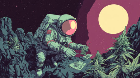 An astronaut gathers alien plants under a glowing moon, exploring a vibrant otherworldly landscape. The scene captures a blend of adventure and surreal beauty.の素材