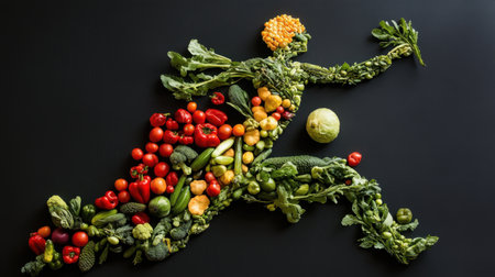 A vibrant and creative arrangement of fresh vegetables creatively forms the silhouette of a dynamic athlete, showcasing health and vitality through food art.の素材