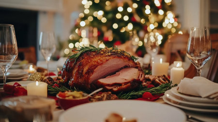 A beautifully arranged holiday dinner featuring a glazed ham, surrounded by candles, wine glasses, and festive decorations, capturing the warmth of family gatherings and seasonal celebrations.の素材