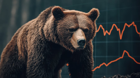 A majestic brown bear stands thoughtfully against a backdrop of financial charts, symbolizing strength and resilience in nature paired with economic analysis.の素材