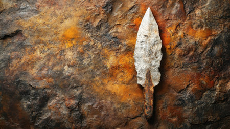 A detailed image of an ancient stone arrowhead placed against a rugged rock backdrop, showcasing its unique shape and historical significance, ideal for educational and artistic projects.の素材