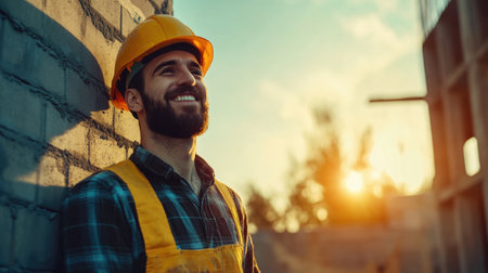 A cheerful construction worker wearing a hard hat smiles confidently as the sun sets behind him, highlighting the dedication and hard work in the construction industry.の素材