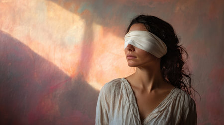 A woman wearing a blindfold stands in soft light, embodying strength and mystery. This portrait evokes emotions of introspection and serenity.の素材
