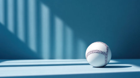 A solitary baseball rests on a blue surface, casting soft shadows in natural light. The minimalist composition highlights the texture and shape of the ball, creating a serene atmosphere.の素材