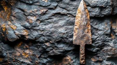 A detailed view of an ancient stone arrowhead placed against a rugged rock surface. The image showcases the tool's craftsmanship and history, perfect for archaeological themes.の素材