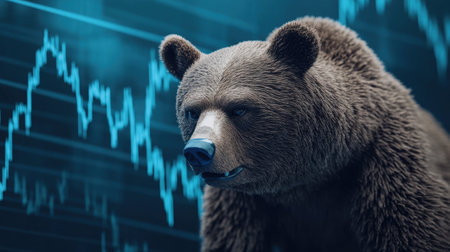 A fierce bear representing market downturn stands against a blue graph background, symbolizing economic challenges and financial uncertainty. Perfect for finance themes.の素材