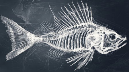 A striking illustration of a fish skeleton on a dark background, showcasing delicate lines and intricate details. This art serves educational and artistic purposes.の素材