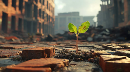 A lone green plant emerges from cracked bricks in an abandoned urban setting. This powerful image symbolizes nature's resilience and hope amidst decay.の素材