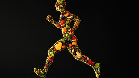 This striking image features a silhouette of a runner composed of vibrant fruits and vegetables, symbolizing health, fitness, and nutrition in a creative way.の素材