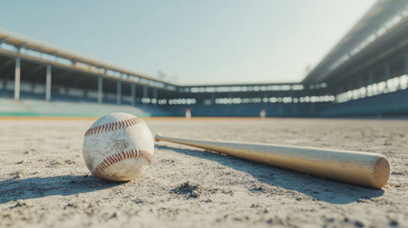 A detailed view of a baseball bat and ball resting on the sandy infield of a sunlit stadium, showcasing the essence of outdoor sports and teamwork.の素材