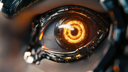 Close-up view of a futuristic cybernetic eye featuring an intricate design and a glowing orange element. Perfect for technology and sci-fi themes.の素材