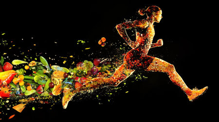 A dynamic silhouette of a woman running energetically, with a colorful burst of fruits and vegetables flowing behind her, symbolizing health and vitality.の素材